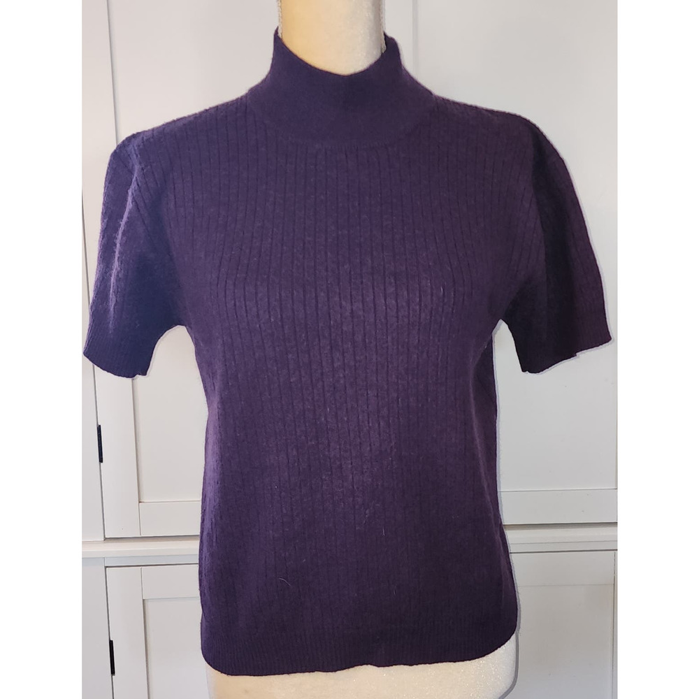 Katherine Bishop Women's Wool Purple Short Fitted Sleeve Ribbed Sweater Size XL